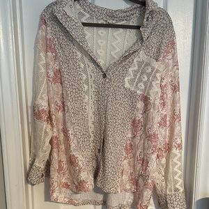 POL Cream and Dusty Rose Mixed-Print Button Front Blouse